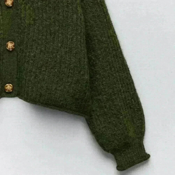 Zara Purl Knit Button Front Alpaca Wool Dark Green Oversized Cardigan size S - Picture 4 of 10